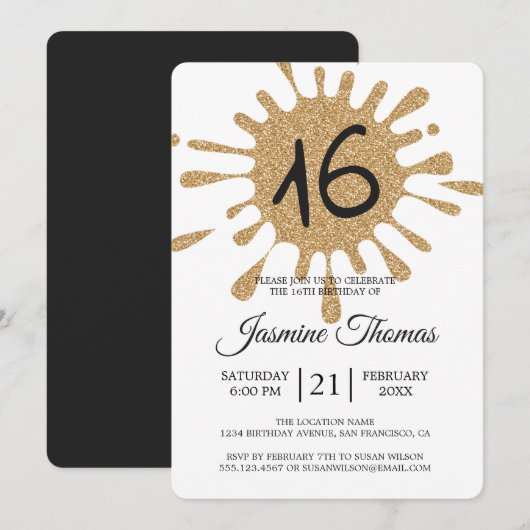 Invitation Gold Parties scintillant Splash Sweet 16 16e fête  (Devant / Derrière)