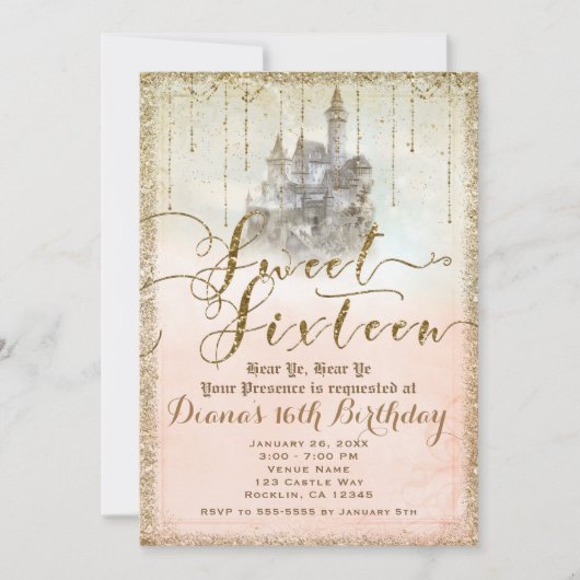 Invitation Gold Parties scintillant Storybook Castle Sweet 16 (Devant)