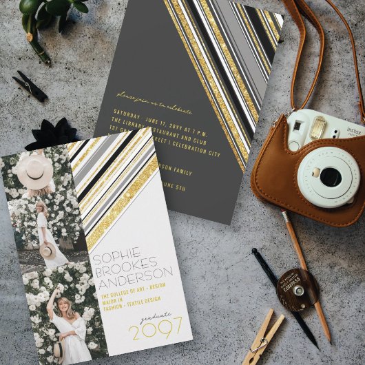 Invitation Gold Parties scintillant Stripes 3 Photo Chic Grad