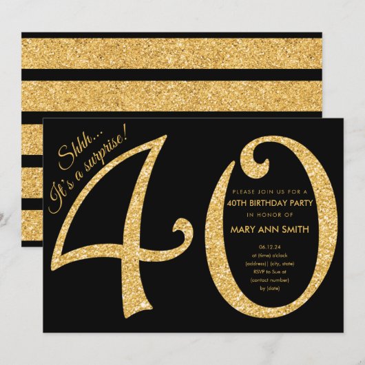 Invitation Gold Parties scintillant Surprise 40e anniversaire (Devant / Derrière)