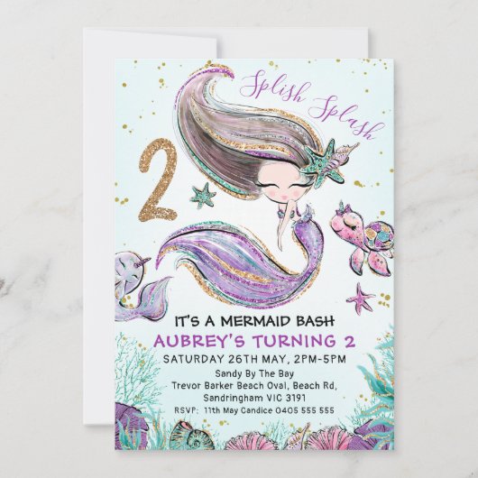 Invitation Gold Parties scintillant Two Purple Mermaid 2e ann (Devant)