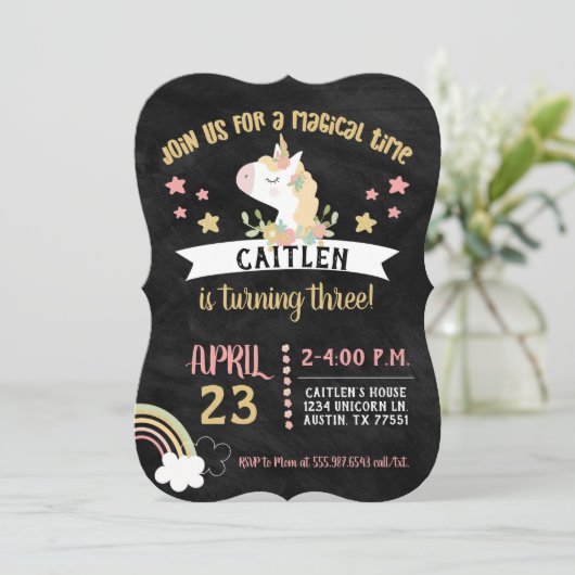 Invitation Gold Parties scintillant Unicorn Anniversaire Part (Debout devant)