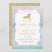 Invitation Gold Parties scintillant Unicorn fête d'anniversai (Devant / Derrière)