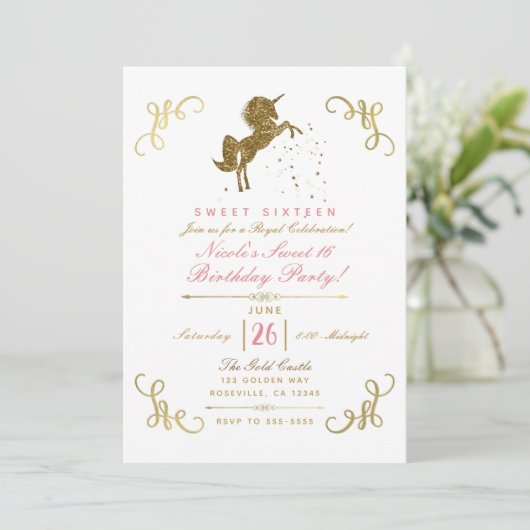 Invitation Gold Parties scintillant Unicorn Stars Storybook C (Debout devant)
