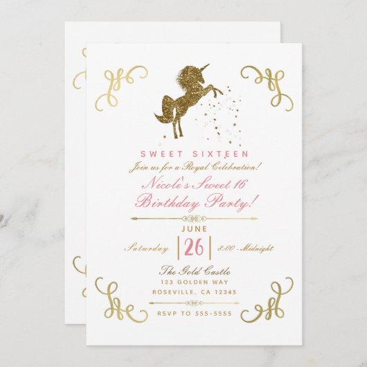 Invitation Gold Parties scintillant Unicorn Stars Storybook C (Devant / Derrière)
