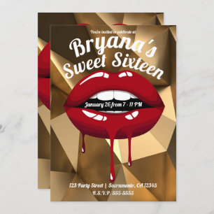 Invitation Gold Party Luxury Red Dripping Lips Sweet 16