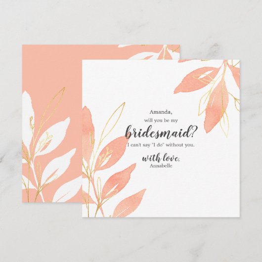 Invitation Gold & Peach Floral Will You be my Bridesmaid (Devant / Derrière)