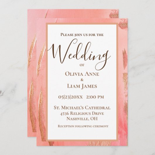 Invitation Gold Peach Moderne Brown Élégant Mariage de script (Devant / Derrière)