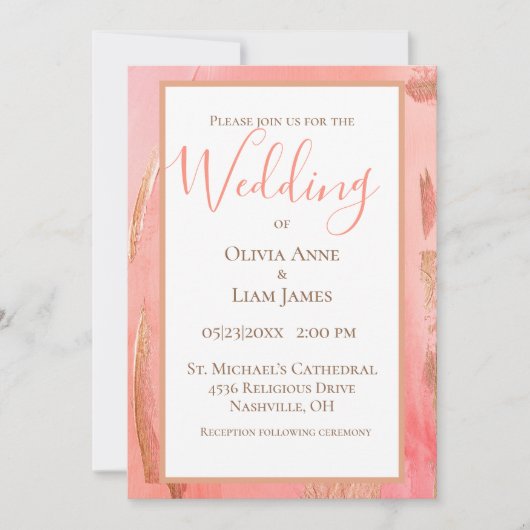 Invitation Gold Peach Moderne Mariage de script élégant (Devant)