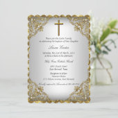 Invitation Gold Pearl Damask & Cross Baptism/Christening (Debout devant)