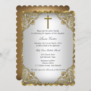 Invitation Gold Pearl Damask & Cross Baptism/Christening
