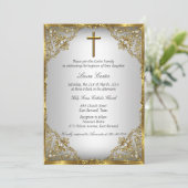 Invitation Gold Pearl Damask & Cross Baptism/Christening (Debout devant)