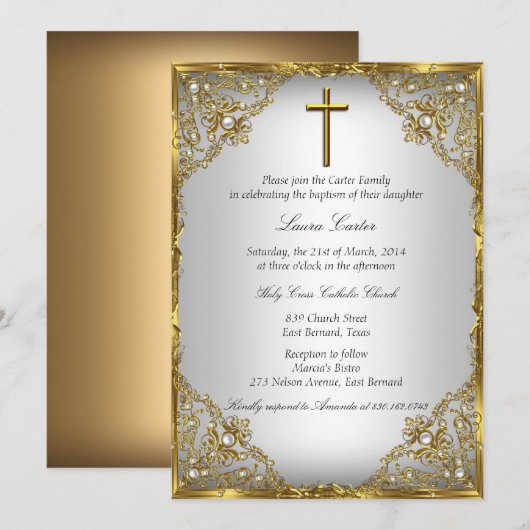 Invitation Gold Pearl Damask & Cross Baptism/Christening (Devant / Derrière)