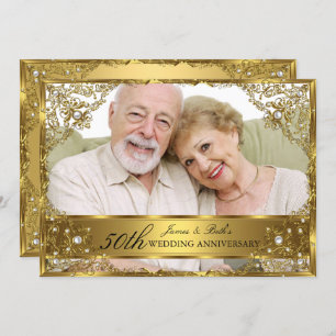 Invitation Gold Pearl Damask Photo 50th Mariage Anniversary