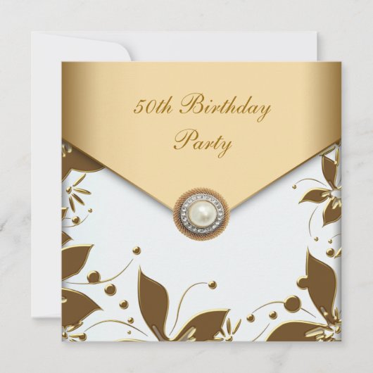 Invitation Gold Pearl Floral Jewel Femmes 50e fête d'annivers (Devant)