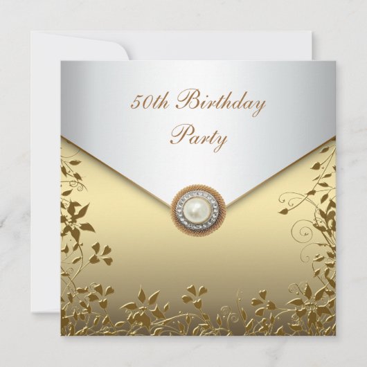 Invitation Gold Pearl Floral Woman 50e Anniversaire (Devant)