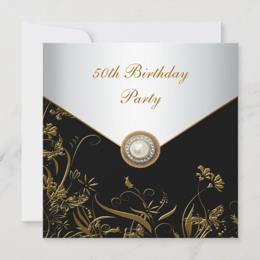 Invitation Gold Pearl Floral Woman 50e Anniversaire (Devant)