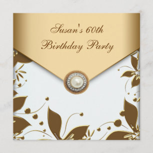 Invitation Gold Pearl Flower Swirl Womans 60e fête d'annivers