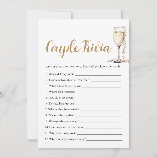 Invitation Gold Pearl & Prosecco Couple Trivia jeu de nuptial (Devant)