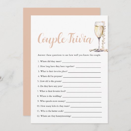 Invitation Gold Pearl & Prosecco Couple Trivia jeu de nuptial (Devant / Derrière)