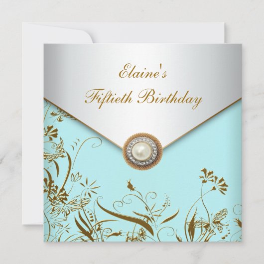 Invitation Gold Pearl Turquoise femmes 50e anniversaire fête (Devant)