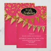 Invitation Gold Pennant Any Year Pink Birthday Confetti (Devant / Derrière)
