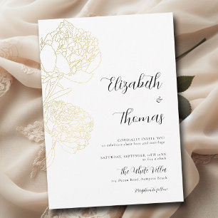 Invitation Gold Peonies Romance Élégant Mariage floral croqui