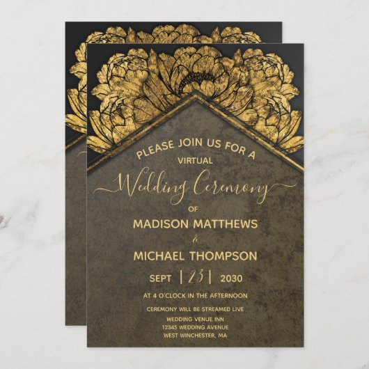 Invitation Gold Peony Mariage virtuel Livestream Mariage Invi (Devant / Derrière)