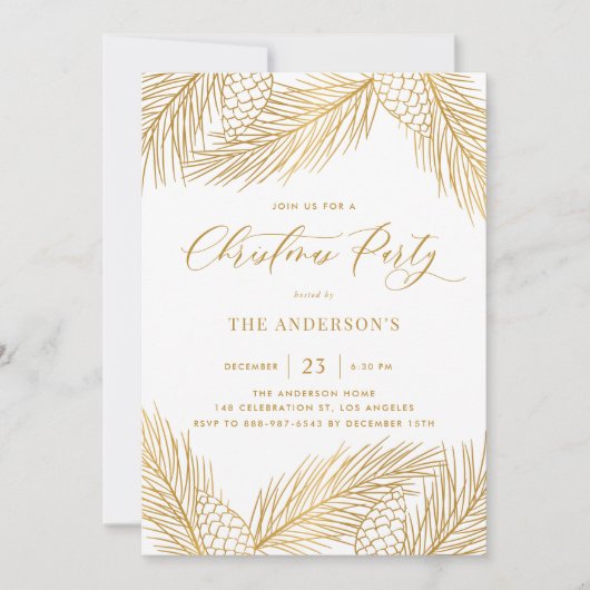 Invitation Gold Pinecones et Pine Needles Fête (Devant)
