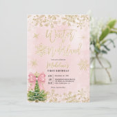 Invitation Gold Pink Winter Wonderland Première fête d'annive (Debout devant)
