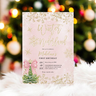 Invitation Gold Pink Winter Wonderland Première fête d'annive