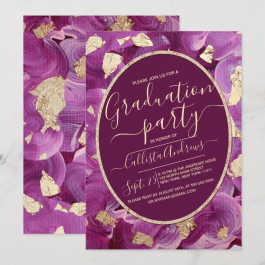 Invitation Gold Plum Lilac Acrylique Brushstroke Graduation (Devant / Derrière)