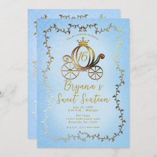 Invitation Gold Princess Carriage Blue Storybook Sweet 16
