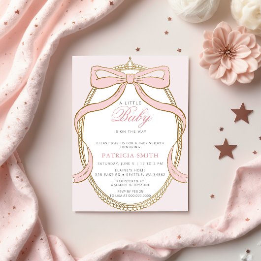 Invitation Gold Princess Coquette Baby shower à cou rose