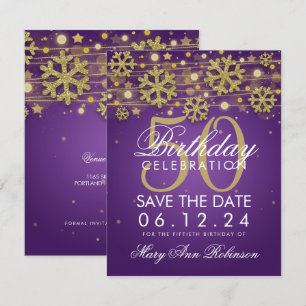 Invitation Gold Purple 50e anniversaire Date de sauvegarde hi