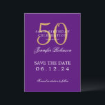 Invitation Gold Purple 50th Birthday Enregistrer la date<br><div class="desc">Design élégant "50th Birthday Party" avec un script de typographie formel,  nom personnalisé et texte détaillé. Facile à utiliser et facile à personnaliser. Commandez aujourd'hui !</div>