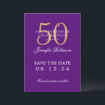 Invitation Gold Purple 50th Birthday Enregistrer la date<br><div class="desc">Design élégant "50th Birthday Party" avec un script de typographie formel,  nom personnalisé et texte détaillé. Facile à utiliser et facile à personnaliser. Commandez aujourd'hui !</div>