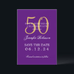 Invitation Gold Purple 50th Birthday Enregistrer la date Déta<br><div class="desc">Design élégant "50th Birthday Party" avec un script de typographie formel,  nom personnalisé et texte de détails. Facile à utiliser et facile à personnaliser. Commandez aujourd'hui !</div>