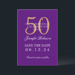 Invitation Gold Purple 50th Birthday Enregistrer la date Déta<br><div class="desc">Design élégant "50th Birthday Party" avec un script de typographie formel,  nom personnalisé et texte de détails. Facile à utiliser et facile à personnaliser. Commandez aujourd'hui !</div>