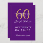 Invitation Gold Purple 60e anniversaire Enregistrer la date (Devant / Derrière)