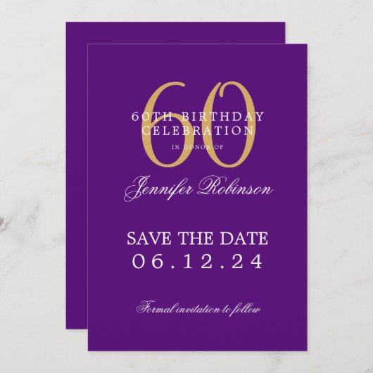 Invitation Gold Purple 60e anniversaire Enregistrer la date (Devant / Derrière)