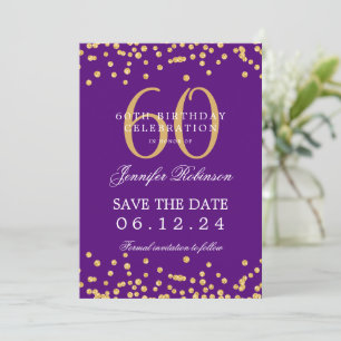 Invitation Gold Purple 60th Birthday Enregistrer la date Déta