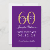 Invitation Gold Purple 60th Birthday Save Date avec détails (Devant)