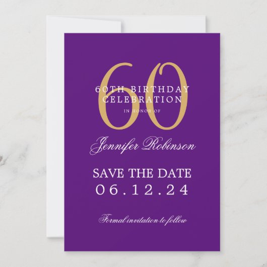 Invitation Gold Purple 60th Birthday Save Date avec détails (Devant)