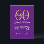 Invitation Gold Purple 60th Birthday Save Date avec détails<br><div class="desc">Design élégant "60th Birthday Party" avec un script de typographie formel,  nom personnalisé et texte de détails. Facile à utiliser et facile à personnaliser. Commandez aujourd'hui !</div>