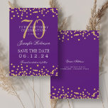 Invitation Gold Purple 70th Birthday Save Date Confetti<br><div class="desc">Elégant design "70th Birthday Party" avec faux confetti de parties scintillant et texte de détails. Facile à utiliser et facile à personnaliser. Commandez aujourd'hui !</div>