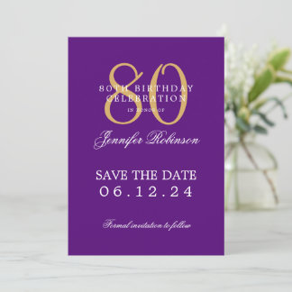 Invitation Gold Purple 80e anniversaire Enregistrer la date