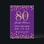 Invitation Gold Purple 80th Birthday Enregistrer la date Déta<br><div class="desc">Elégant design "70th Birthday Party" avec faux confettis de parties scintillant & détails texte. Facile à utiliser et facile à personnaliser. Commandez aujourd'hui !</div>