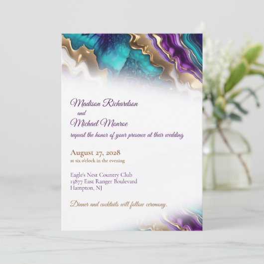 Invitation Gold Purple & Aqua Mariage élégant (Debout devant)
