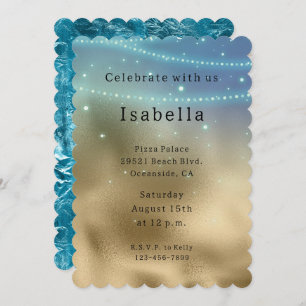 Invitation Gold Purple Aqua Sparkle Glitzy Mermaid Anniversai
